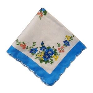 Linen Blue Floral Handkerchief Scalloped Cottage Core Bridesmaid Granny
